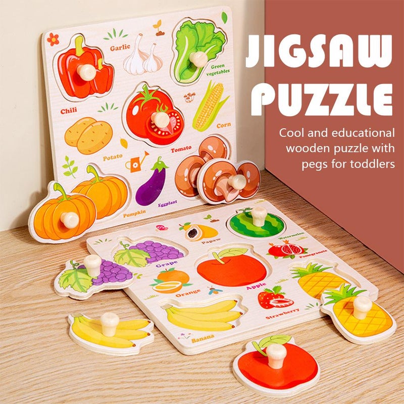 Toddler Wooden Peg Puzzle Toys for Age 2-4 3-5 Year Old Boys Girls,Educational Learning Sensory Toy,Animals, Traffic,Farm,Ocean, Vegetable,Insect Great Preschool for Girls Boys (Fruit) - Image 3